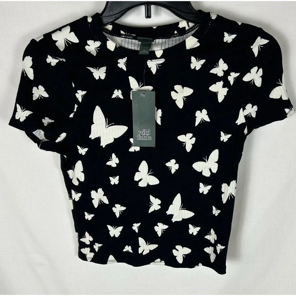 Wild Fable Girl’s Med. Butterfly Crop Top Shirt Black White Ribbed Short Sleeve